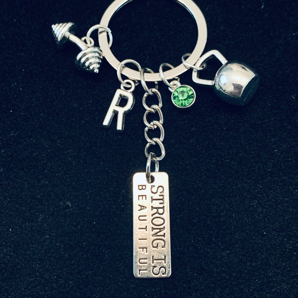 “Strong is Beautiful” Fitness Weights themed keychain personalized